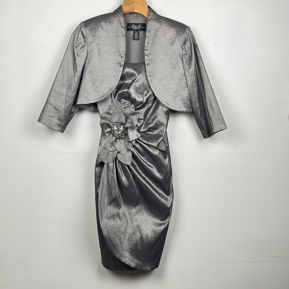 R & M Collection Gunmetal Gray Metallic Floral Sheath Dress & Jacket Set 8